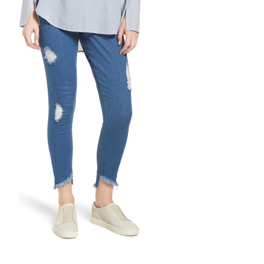 Hue angled hem distressed denim skimmer legging / jegging